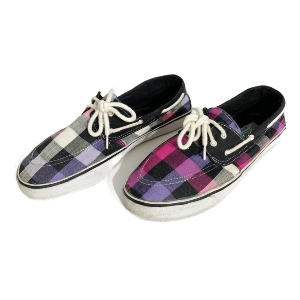 Maui Island Multicolor Plaid Canvas Slip On Boat Shoes White Laces 🟪⬛️⬜️💗